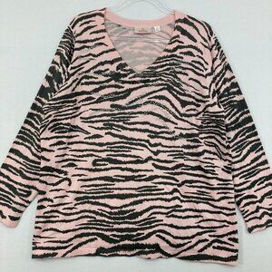 Quacker Factory size 1X Pink Black Animal Print Embellished Stretch Knit Top